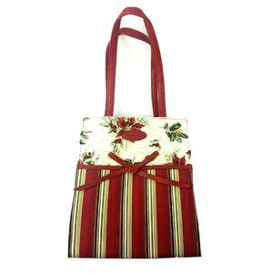 Longaberger Poinsettia Holiday Canvas Tote Bag Shopping Floral Striped Vintage
